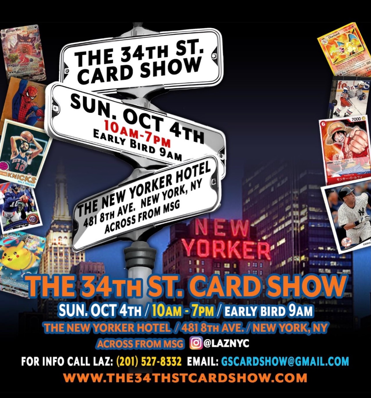The 34th St. Card Show flyer with October 4 hours and New Yorker Hotel location